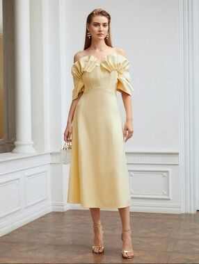 Elegant Off-Shoulder Yellow Midi Dress – MOTF New Size M